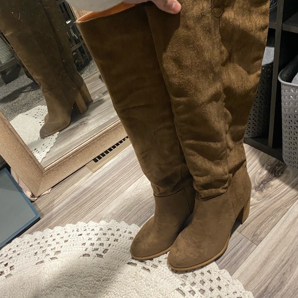 Camel knee high boots
